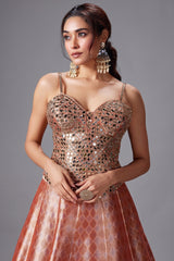 Coral Peach Tissue Silk Zari Woven Lehenga with Mirror Worked Corset Blouse - peach silk saree zari