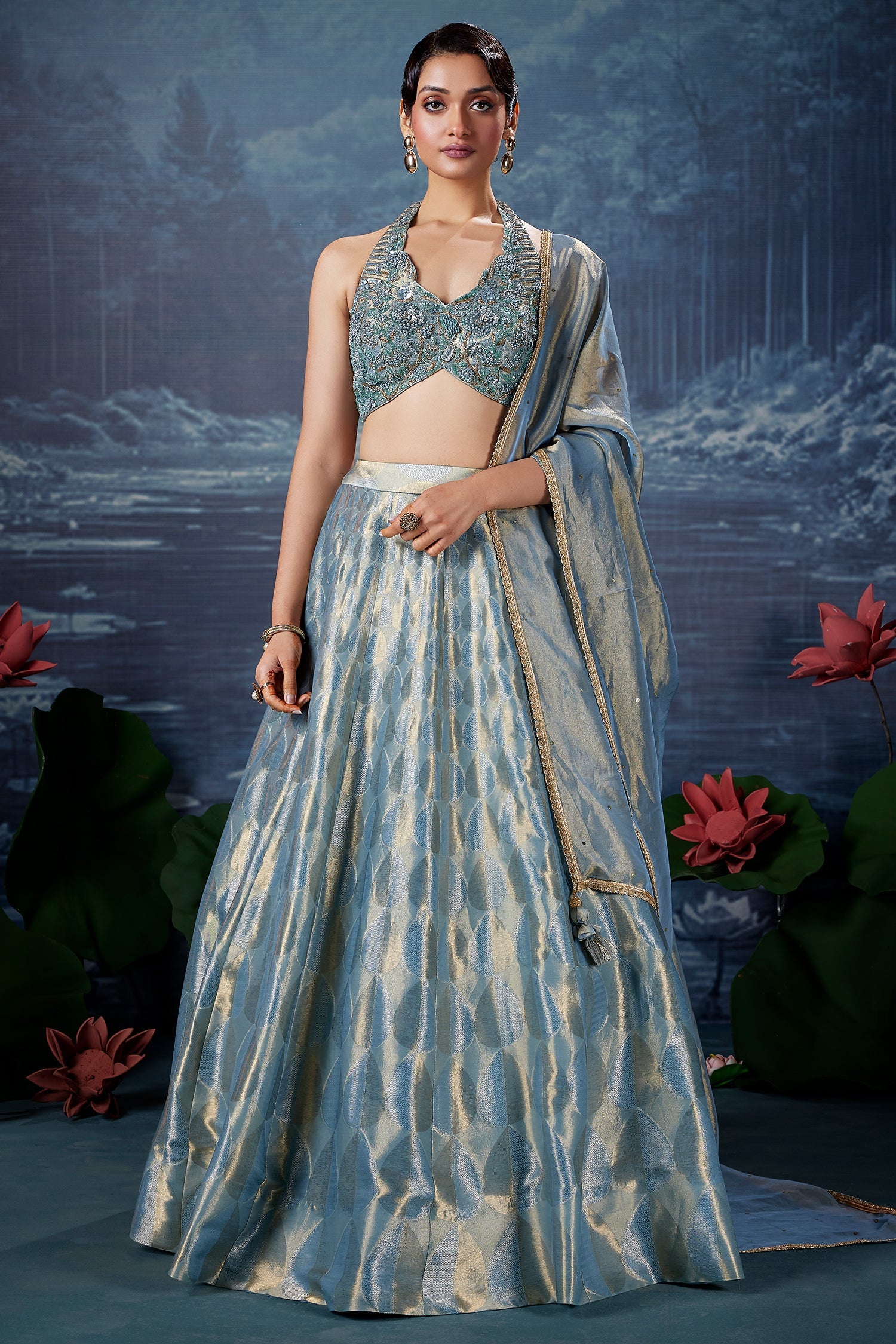 Powder Blue Tissue Silk Zari Woven Lehenga with Handworked Halter Neck Blouse - blue silk saree zari