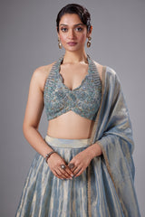 Powder Blue Tissue Silk Zari Woven Lehenga with Handworked Halter Neck Blouse - blue silk saree zari