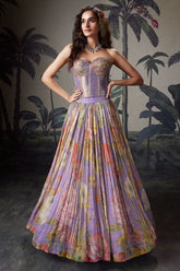 Lavender Purple Georgette Floral Printed Flared Lehenga with Off Shoulder Handwork Corset Blouse - red georgette saree