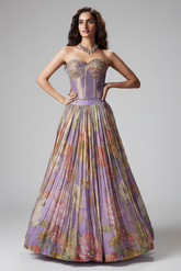 Lavender Purple Georgette Floral Printed Flared Lehenga with Off Shoulder Handwork Corset Blouse