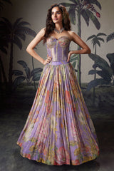Lavender Purple Georgette Floral Printed Flared Lehenga with Off Shoulder Handwork Corset Blouse