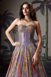 Lavender Purple Georgette Floral Printed Flared Lehenga with Off Shoulder Handwork Corset Blouse - red georgette saree