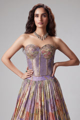 Lavender Purple Georgette Floral Printed Flared Lehenga with Off Shoulder Handwork Corset Blouse