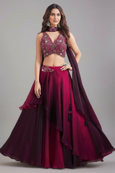 Purple and Magenta Ombre Crepe Silk Layered Lehenga with Sequin Cutdana Work