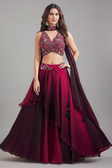 Purple and Magenta Ombre Crepe Silk Layered Lehenga with Sequin Cutdana Work