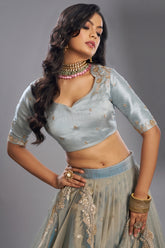 Powder Blue Organza Lehenga with Sequins Border - blue organza saree