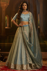 Powder Blue Organza Lehenga with Sequins Border - blue organza saree