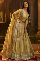Designer Muted Pistachio Gold Crepe Lehenga with Sequins Border for grand celebratory events