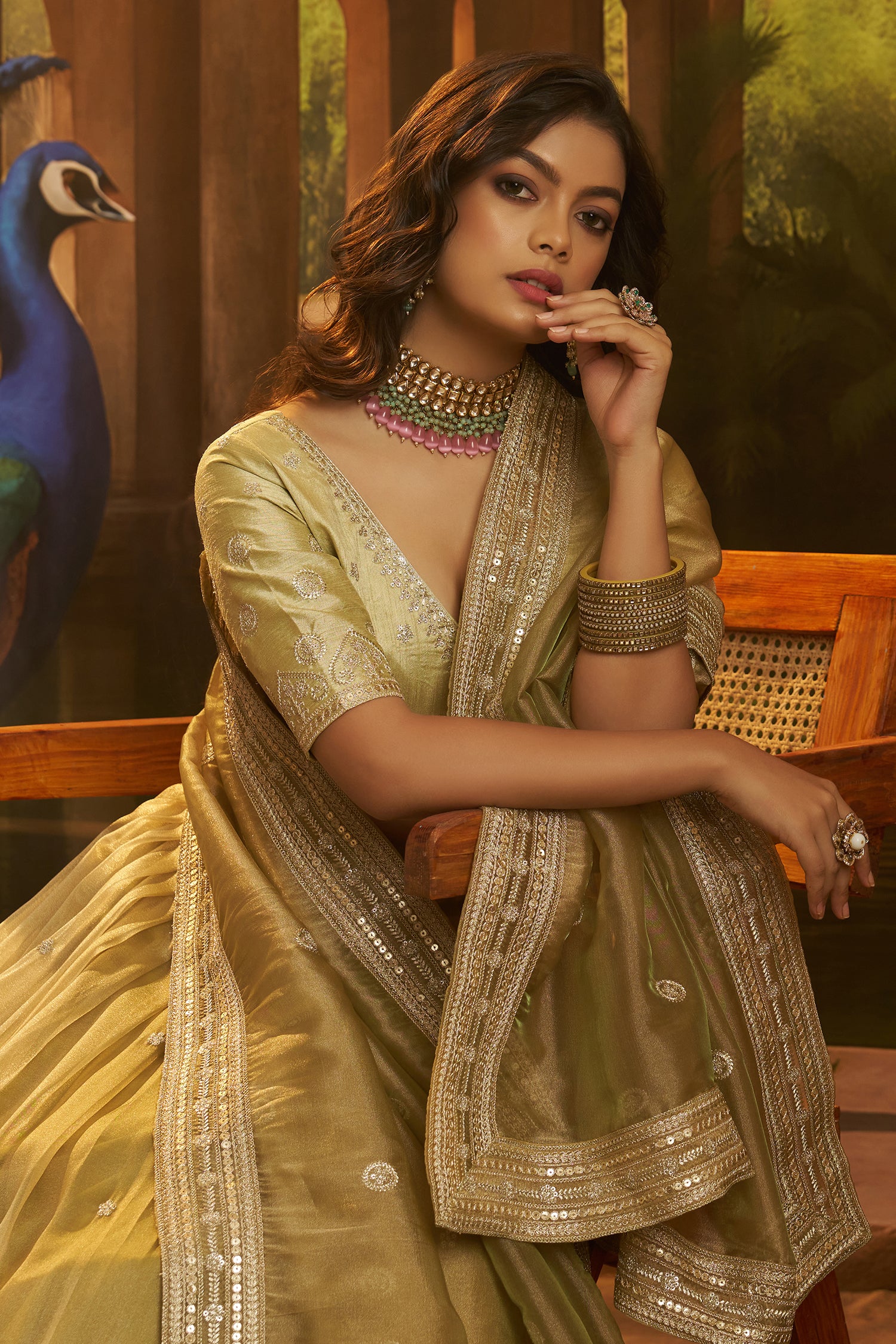 Muted Pistachio Gold Crepe Lehenga with Sequins Border - gold crepe saree