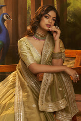 Muted Pistachio Gold Crepe Lehenga with Sequins Border - gold crepe saree