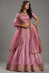 Dusty Rose Pink Organza Lehenga - Front View