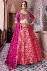 Pink and Red Banarasi Silk All Over Woven Lehenga - red silk saree