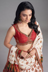 Pearl White and Multi Colored Chiffon Silk Printed Lehenga - red silk saree