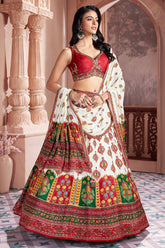 Pearl White and Multi Colored Chiffon Silk Printed Lehenga - red silk saree