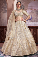 Ivory White and Golden Tissue Silk Floral Woven Lehenga
