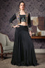 Black Crepe Silk Embroidered Crop Top with Mermaid Cut Lehenga and Jacket - red silk saree embroidered