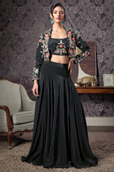 Black Crepe Silk Floral Embroidered Crop Top with Mermaid Cut Lehenga and Jacket - red silk saree embroidered