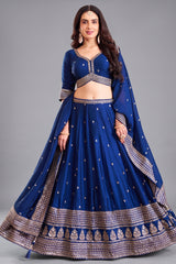 Blue art silk sequin embroidered lehenga - front view with deep navy base
