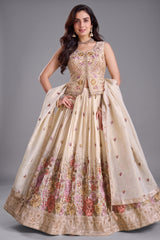Cream chinon embroidered lehenga with floral thread work - front view