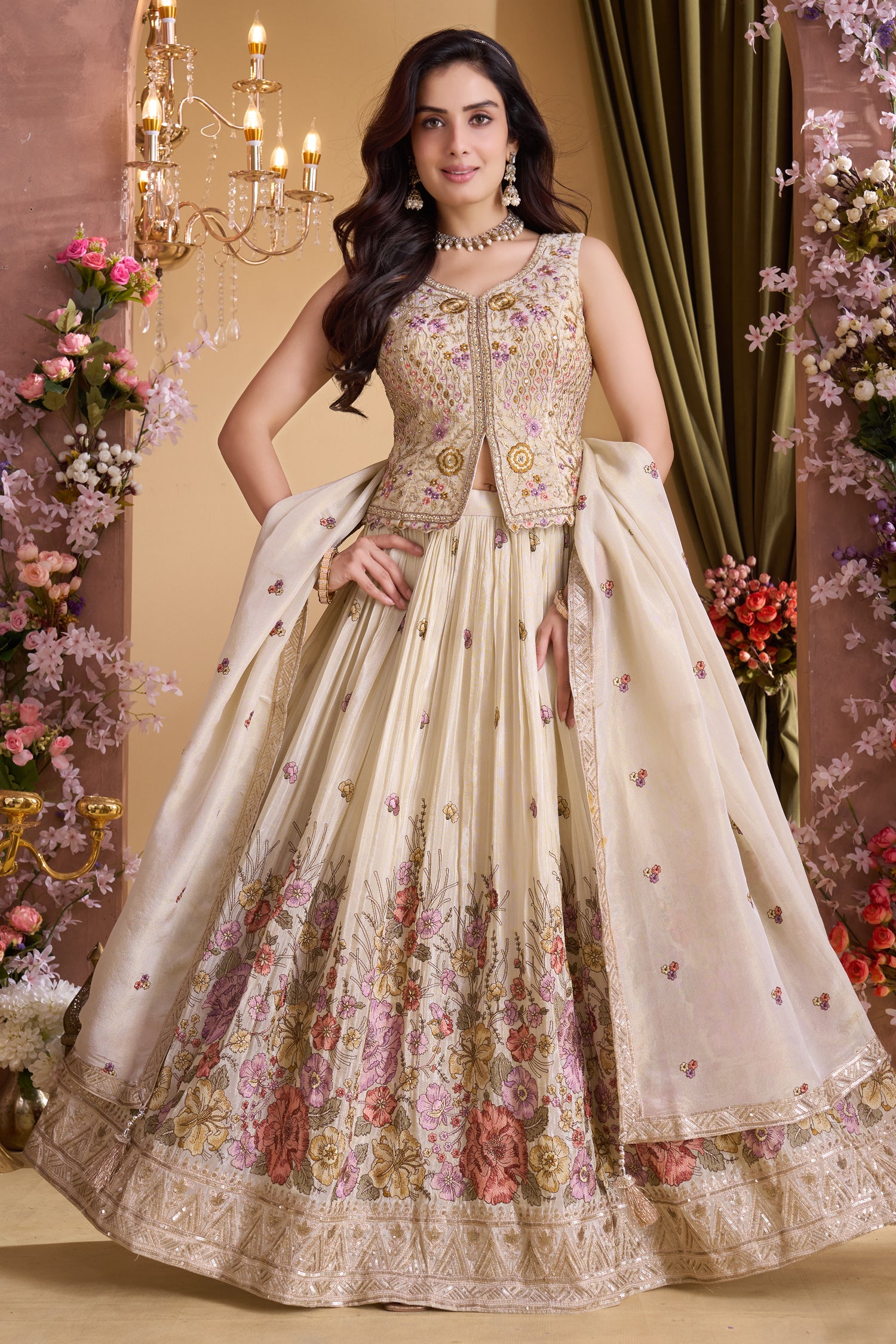 Cream chinon embroidered lehenga detail showcasing intricate Resham work
