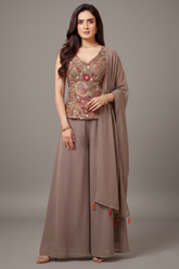 Iris Mauve Georgette Floral Embroidered Palazzo Suit