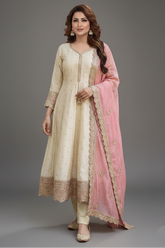Cream Art Silk Sequin Embroidered Anarkali Suit