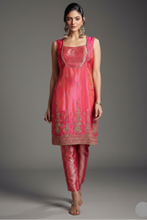 Blossom Pink Tissue Silk Sequins and Cutdana Worked Straight Cut Suit - pink silk saree