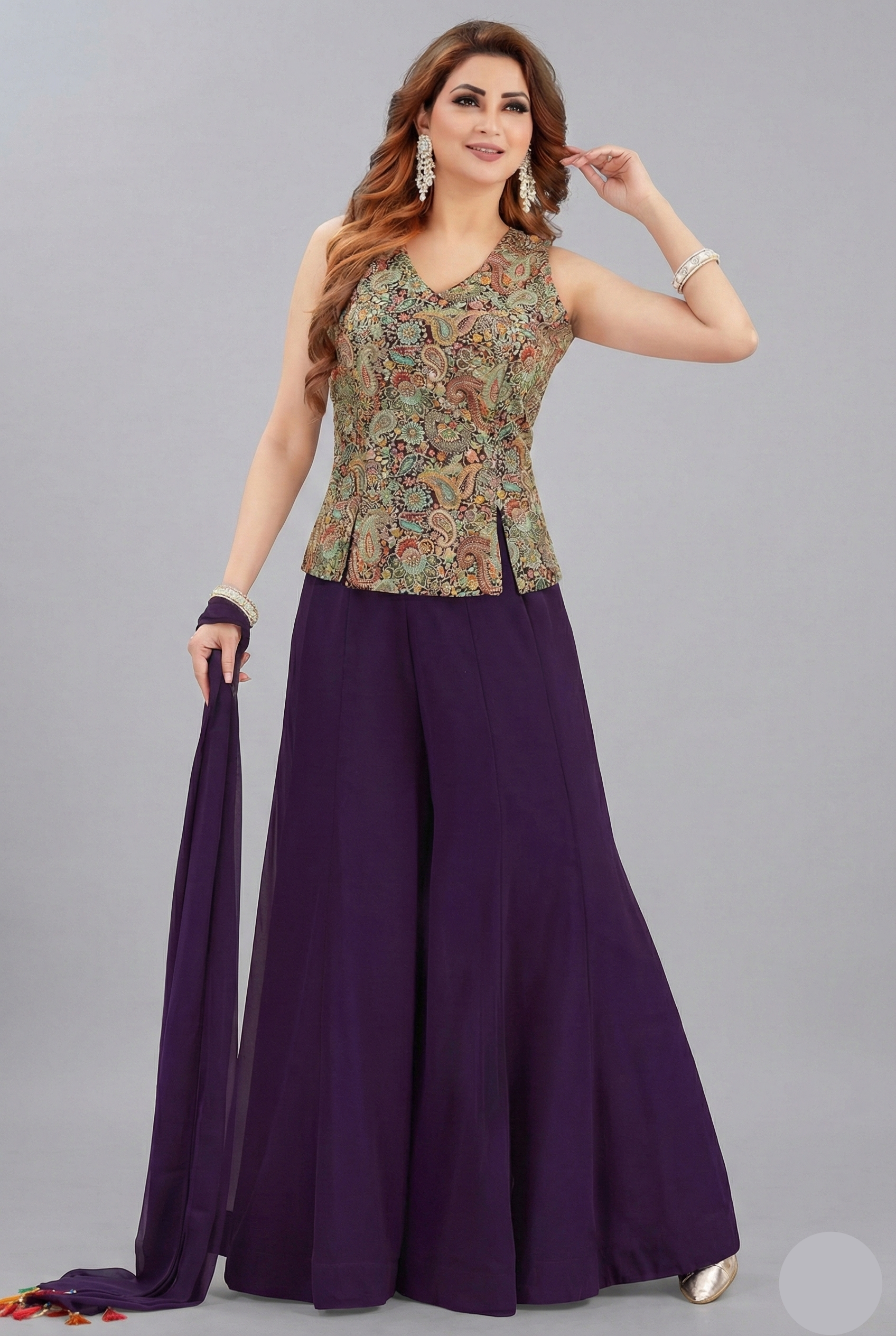 Indigo Purple Georgette Embroidered Palazzo Suit - red georgette saree embroidered
