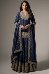 Blue Raw Silk Sequin Embroidered Palazzo Suit - red silk saree embroidered