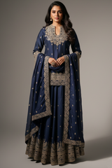 Blue Raw Silk Sequin Embroidered Palazzo Suit - red silk saree embroidered