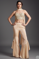 Cream Tissue Silk Mirror Embroidered Crop Top Palazzo Set - red silk saree embroidered