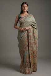 Light Pista Green Modal Silk Pashmina Saree with Mirror and Bead Work