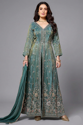 Teal Green Tissue Chinon Silk Beaded and Cutdana Worked Slit Cut Suit