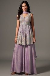 Lilac Purple Tissue Silk Sequin Cutdana Worked Palazzo Suit - purple silk saree