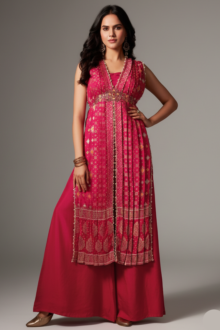 Rani Pink Silk Bandhej Palazzo Set with Bead Work - pink silk saree bandhej