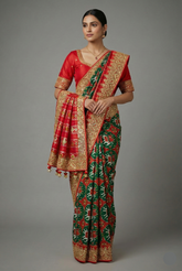 Green and Red Silk Traditional Patola Saree with Zardosi and Beads Work