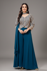 Rama Blue Georgette Sequin Embroidered Palazzo Suit - red georgette saree embroidered
