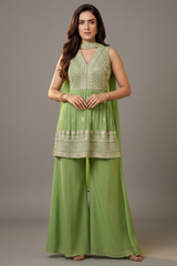 Parrot Green Organza Embroidered Peplum Style Straight Cut Palazzo Suit