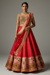 Red Banarasi Silk Woven Lehenga with Intricate Shikargah Weave Border