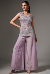 Lilac Purple Tissue Silk Sequin Beaded Palazzo Set - purple silk saree