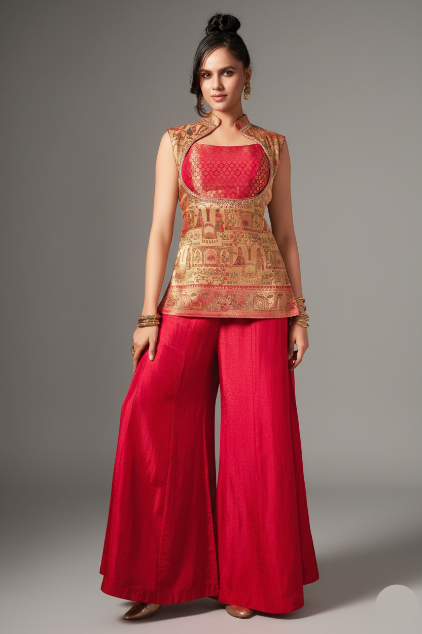 Beige Dola Silk Printed Straight Cut Palazzo Suit - beige silk saree