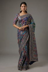 Blue Modal Silk Printed Saree with Sequin Embroidery Work