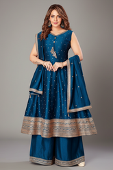 Rama Blue Art Silk Sequin Embroidery Anarkali Palazzo Suit