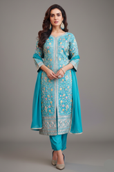 Sky Blue Art Silk Floral Embroidered and Sequin Worked Straight Cut Suit