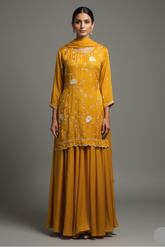 Mustard Satin Organza Gota Worked Lehenga Suit - mustard satin saree