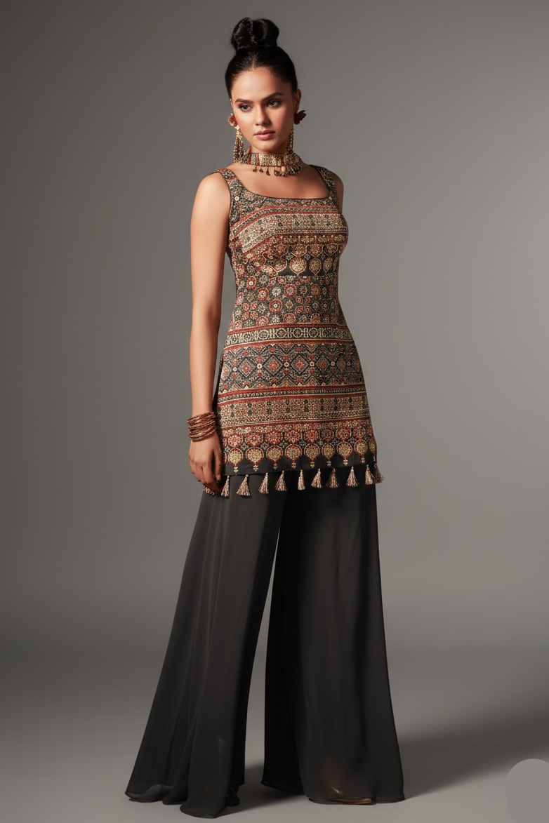 Black Modal Silk Ajrakh Printed Straight Cut Palazzo Suit - black silk saree