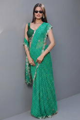 Green Chiffon Georgette Leheriya Saree with Sequin Work Scallop Border