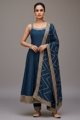 Rama Blue Art Silk Sequins Embroidery Worked Anarkali Suit