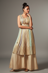 Multi Colored Chinon Crepe Silk Woven Kaftan Style Palazzo Set